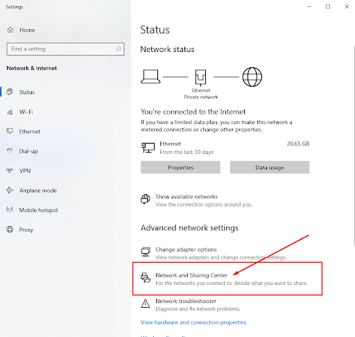 open network sharing center